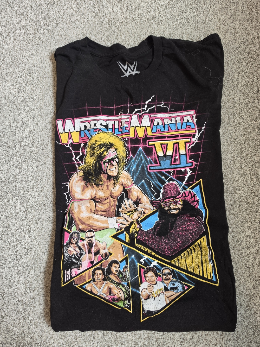 WWE Black Tee with Neon Yellow Pink and Blue WrestleMania VI Graphic